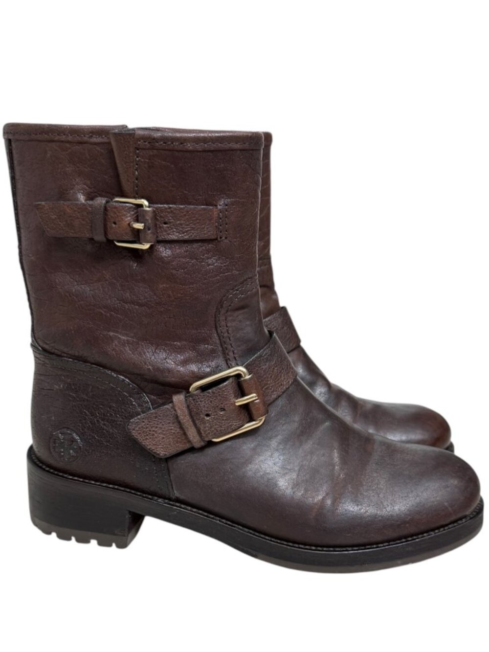 Tory Burch Chrystie Leather Moto Buckle Boots Dark Brown Women's size 7.5